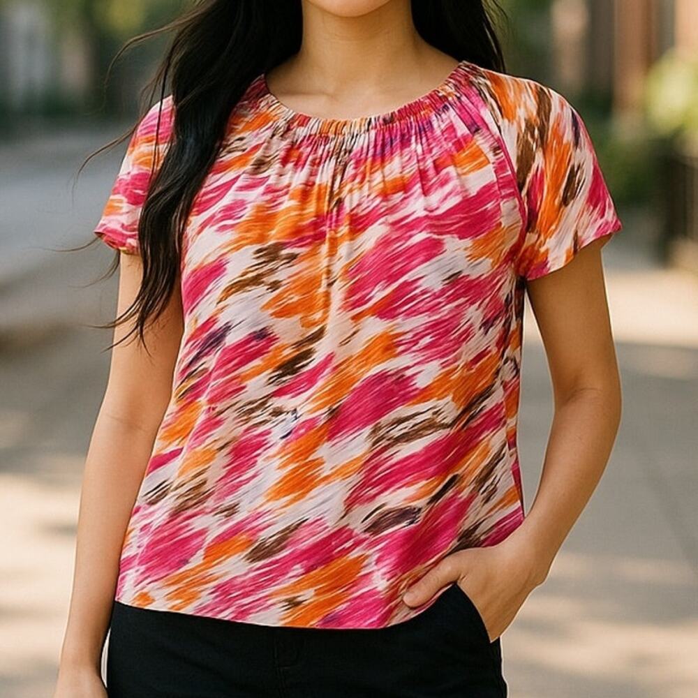 JM COLLECTION Ladies Ruffled Short Sleeve Top ~ Women's Size M ~ Elastic Trim